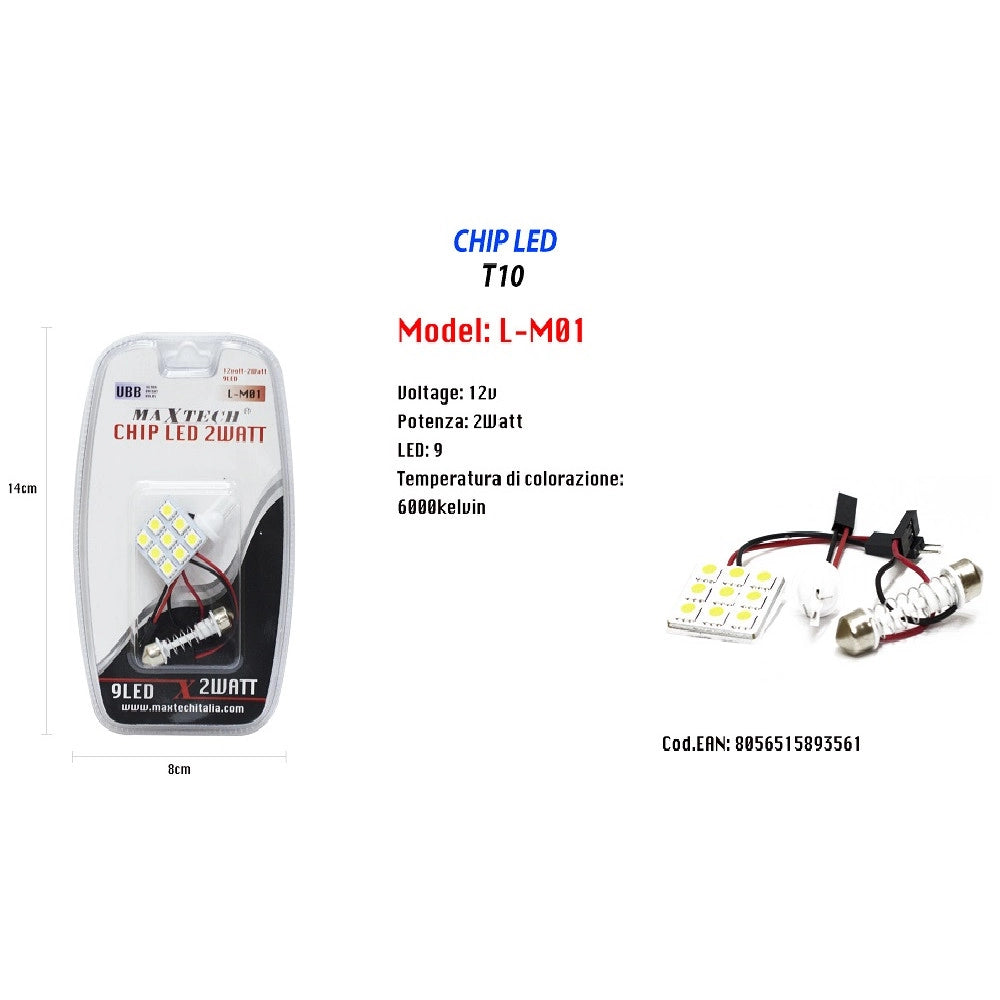 Trade Shop - Chip Led 2 Watt 12v Auto 9 Led Luce Ultra Luminose T10 6000k Maxtech L-m01 -