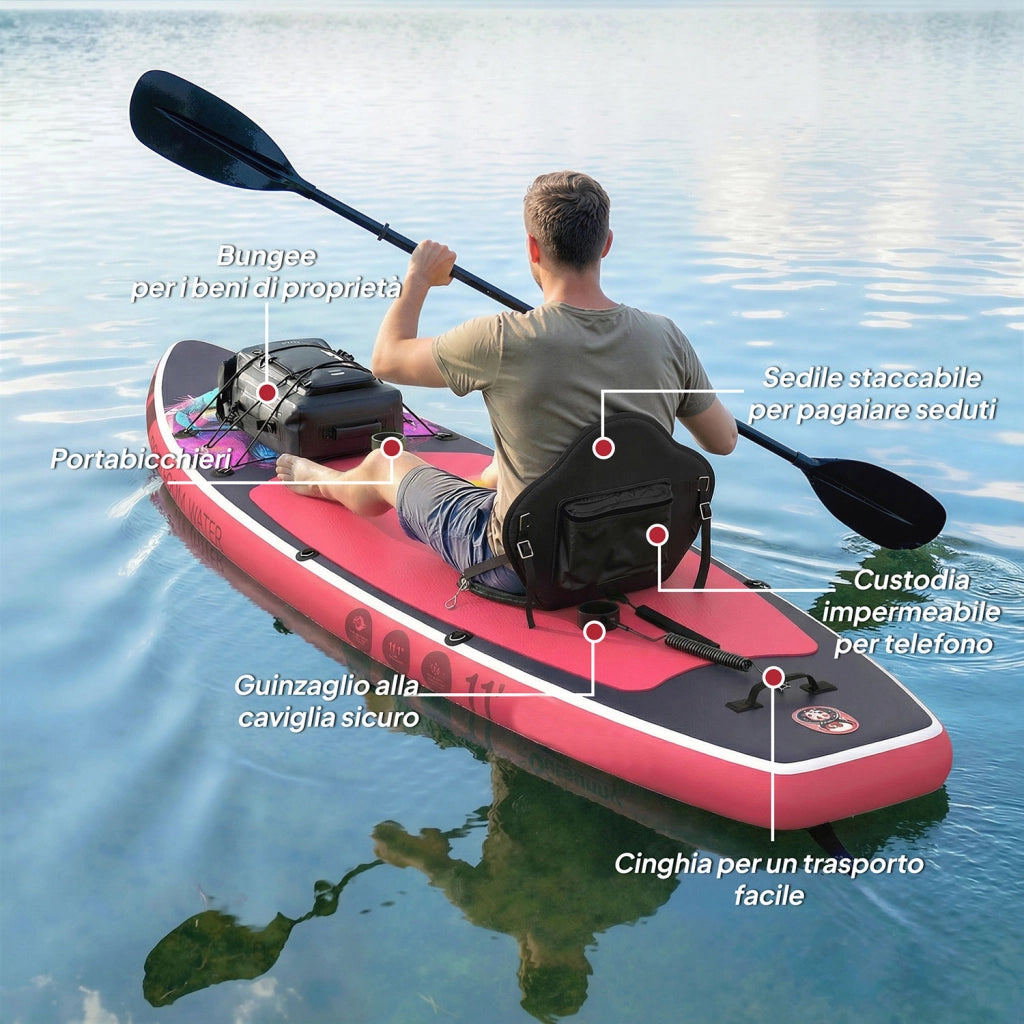 Tavola Sup Gonfiabile 335x82x15 cm con Sedile Pagaia e Accessori in Plastica ed EVA Blu e Rosa