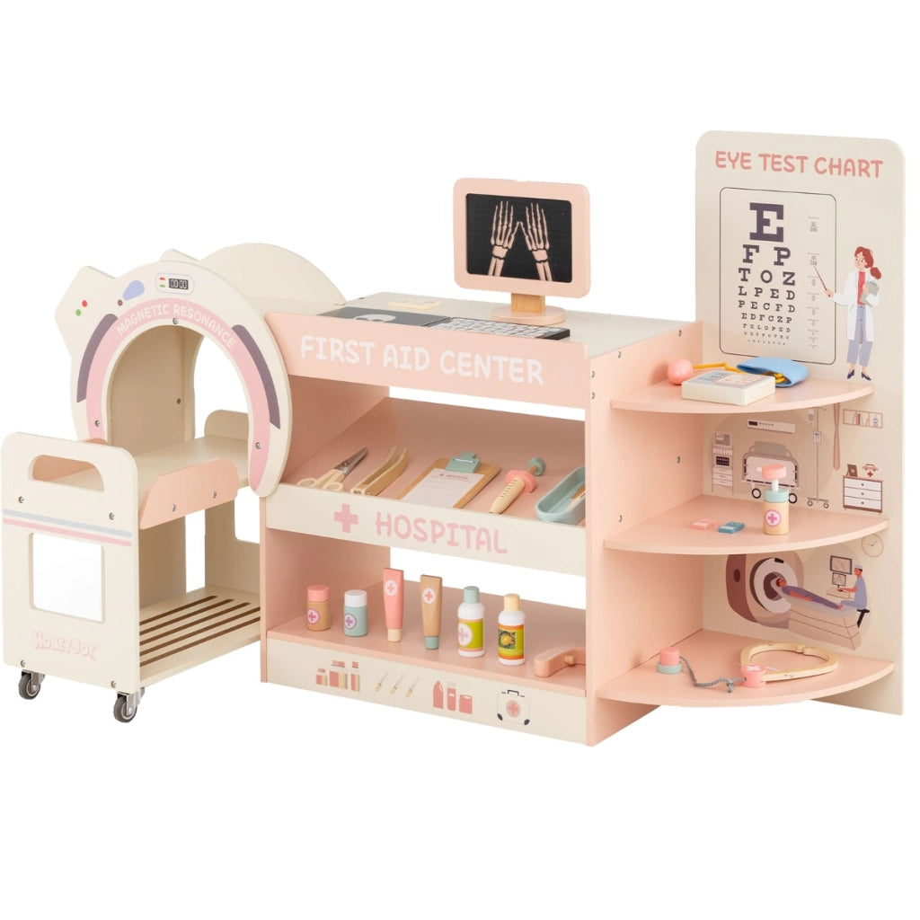 Set gioco dottore per bambini kit ospedale in legno per gioco di ruolo con cartello per vista, Gioco per bambini 3+ anni Rosa