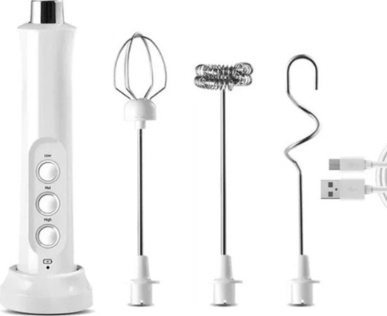 Mangiamescolatrice 3 in 1 - Senza Fili - USB - 3 Accessori - 2,5V - 3 Velocità - Bianco - Espressore per Latte - Mescolatore