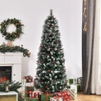 Albero di Natale Innevato con Bacche Rosse, Base Rimovibile e Pieghevole, 539 Rami, Φ70x180cm, Verde