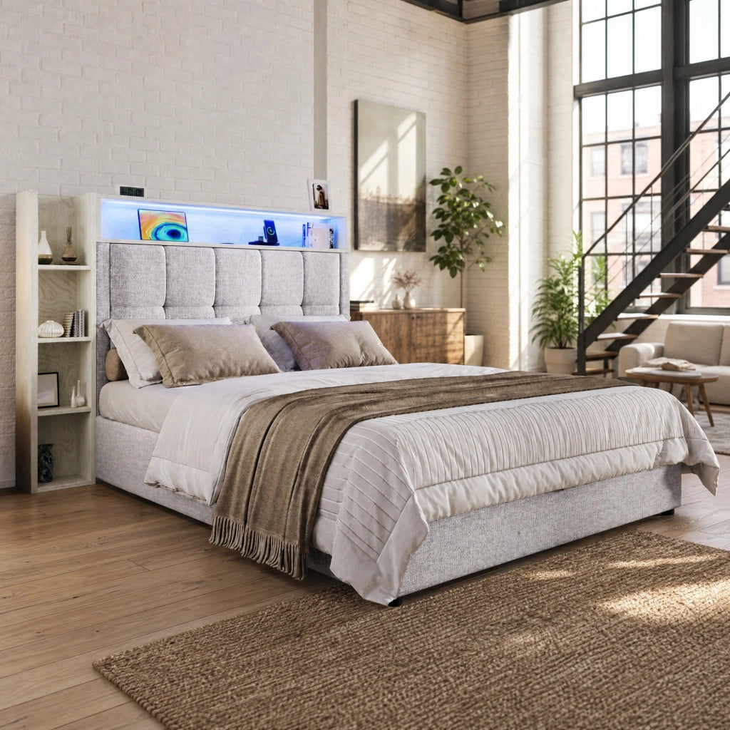 LETTO imbottito 90x200 cm in lino beige con USB e LED