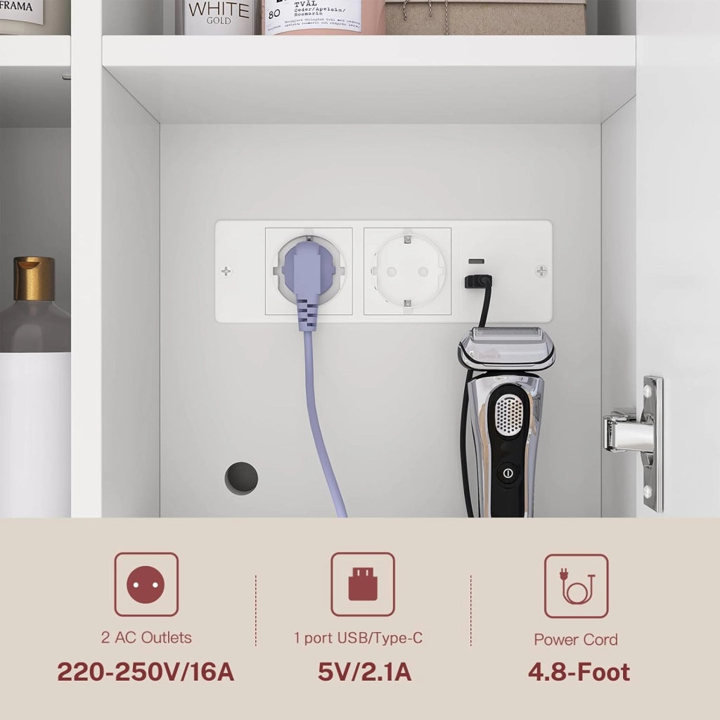 Specchio Bagno Contenitore con Luce LED e Presa Elettrica, Mobile Bagno a Specchio con 2 Ante e Gancio Asciugacapelli, 3 Temperature di Luce Dimmerabili a Touch, Ripiani Regolabili, Bianco