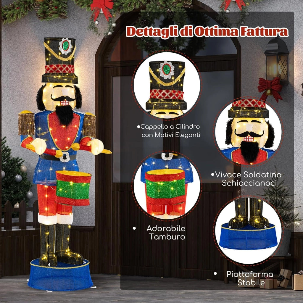 Soldato di Natale Illuminato 185 cm, Soldatino Schiaccianoci Illuminato con 100 Luci LED, Decorazioni Natalizie per Interno ed Esterno (Modello 2)