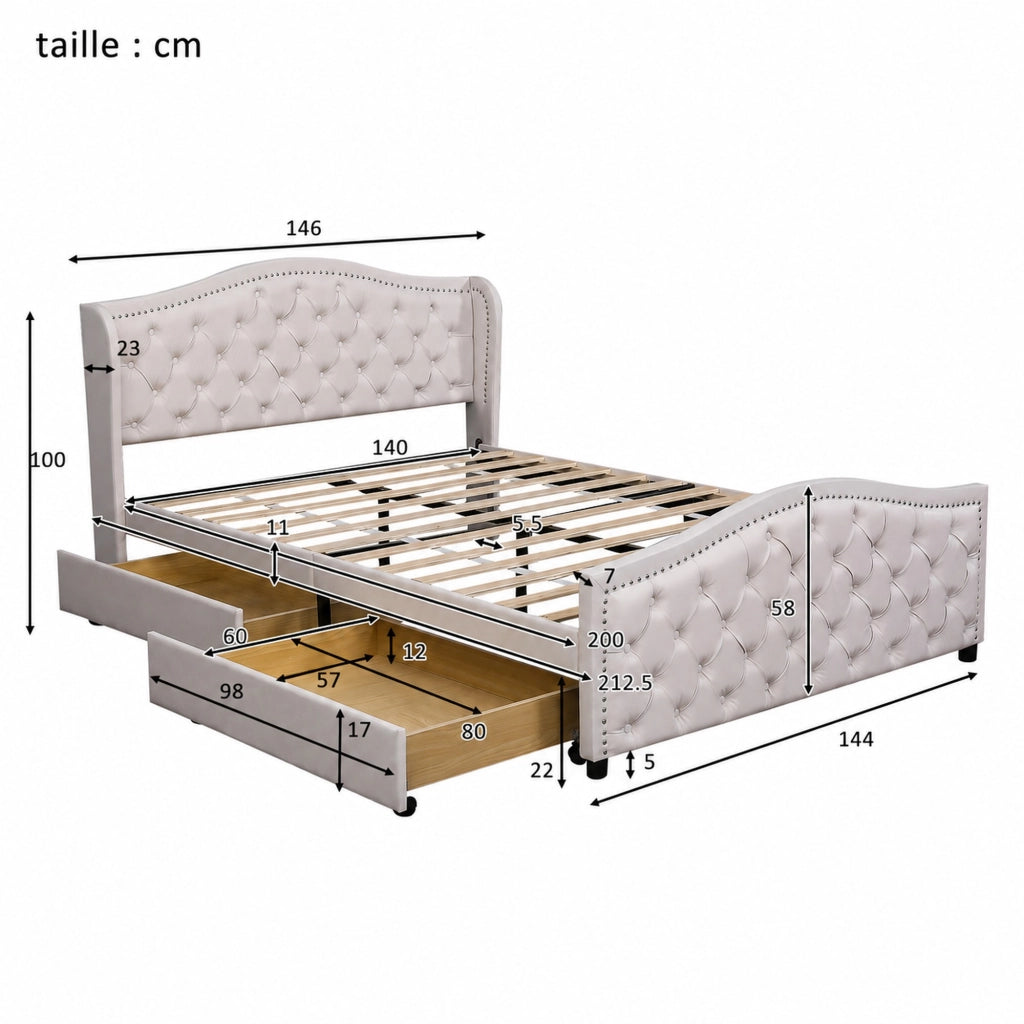 DESMIU Lit Double 140 × 200 cm con 2 cassetti, testiera capitonnè, senza materasso, in PU, bianco