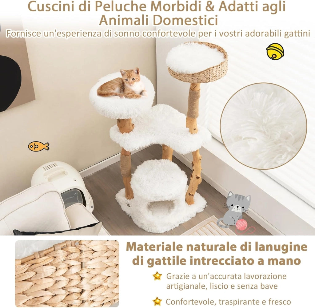 Albero per Gatti in Legno Alto 124 cm, Albero Tiragraffi per Gatti in Legno Massello con Pali di Corda di Juta, Torre Moderno per Animali Domestici Interni a 5 Livelli (Bianco)