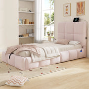 Letto per bambini singolo 90 × 200 cm con contenitore idraulico, USB e porta tipo C, senza materasso, rosa
