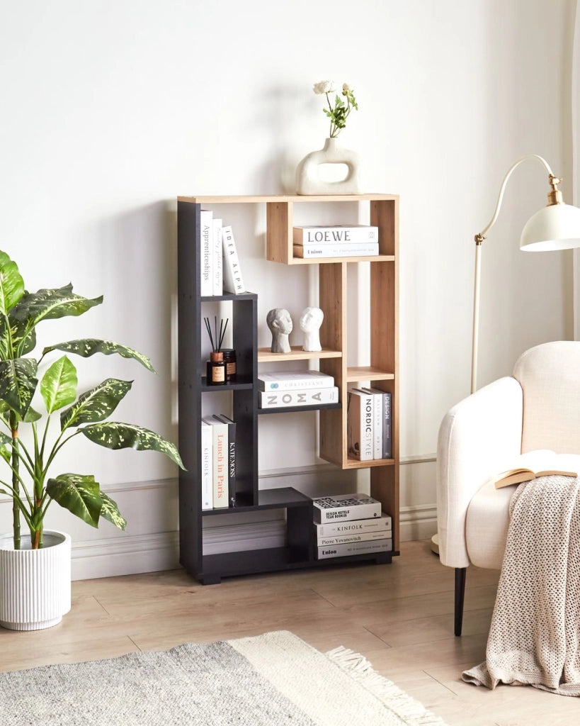 Libreria Industriale 9 Scaffali Legno chiaro e Struttura Nera con schienale aperto stile moderno