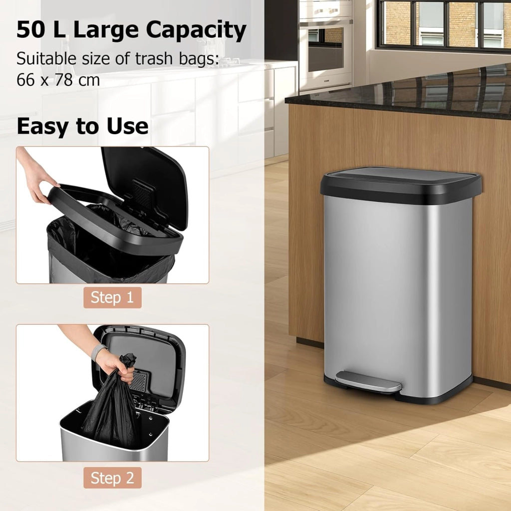 Pattumiera da Cucina da 50 L, con Coperchio e Pedale, in Acciaio Inox e Plastica, con Scomparto per Deodorazione, 41 x 39 x 61 cm (Argento, 50L)