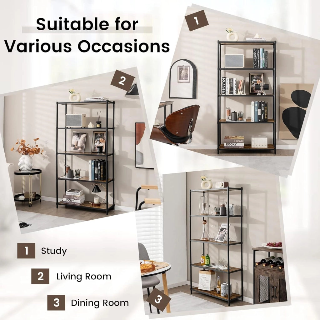 GIANTEX Scaffale a 5 Ripiani Stile Industriale, Libreria con Struttura in Acciaio Marrone Vintage e Nero, 80x29,5x154cm