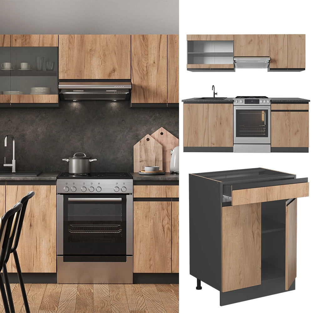 Cucina componibile R-Line Rovere dorato/Antracite 200 cm J-Shape, PL Antracite Vicco