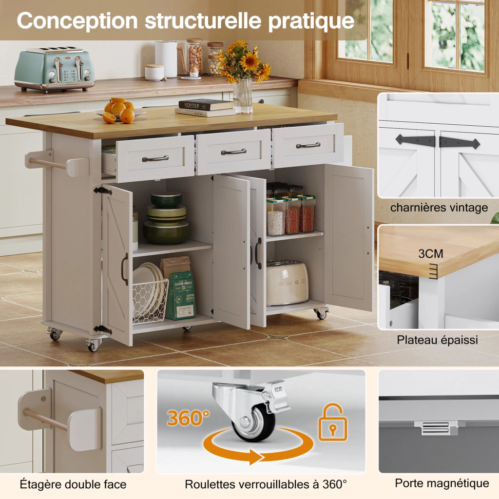 Carrello da Cucina con 4 Ante e 3 Cassetti; Piano Ribaltabile e Portaasciugamani; in MDF; 140x43(70)x90.5 cm
