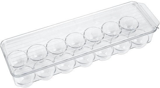 Eierhouder per frigorifero, con coperchio e maniglia, in plastica trasparente per un massimo di 14 uova.