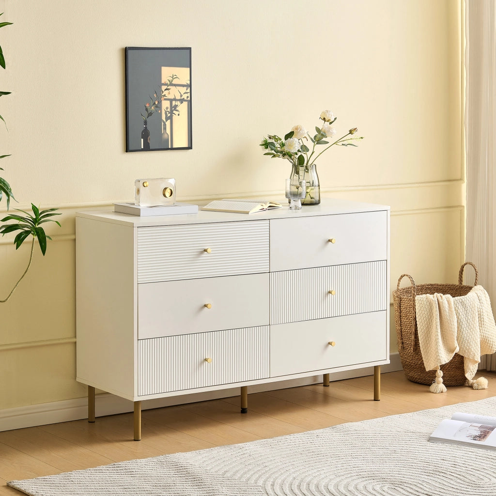 OKWISH Cassettiera Moderna con 6 Cassetti, Maniglie in Lega di Zinco e Gambe in Acciaio, per Camera, MDF, 120 x 40 x 78 cm