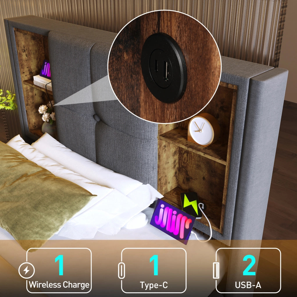 Letto singolo imbottito 90x200 cm con ricarica wireless e USB-C