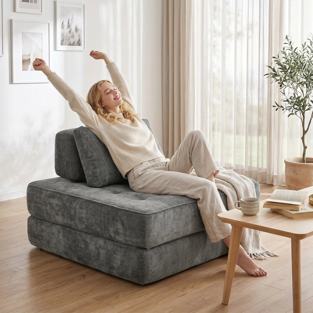 Poltrona Letto Pieghevole in Tessuto Chenille ¨C Xylo ¨C Grigio con Cuscino di Supporto Spesso