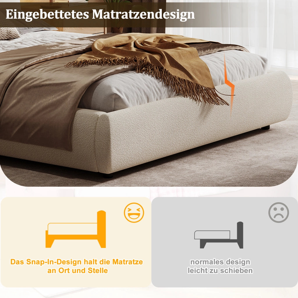 Letto matrimoniale 180 × 200 cm con rete a doghe e testiera imbottita, senza materasso, bouclé beige
