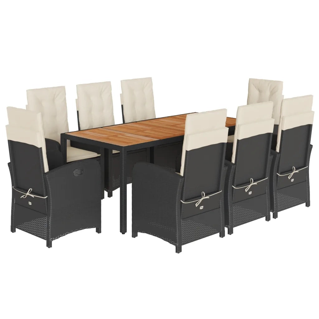 Set da Pranzo da Giardino 9 pz con Cuscini Nero in Polyrattan