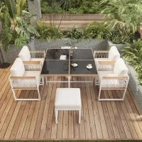 Set da pranzo da esterno a 7 pezzi con tavolo in vetro temperato, intreccio in rattan, cuscini, per 6 persone, Nero e Bianco
