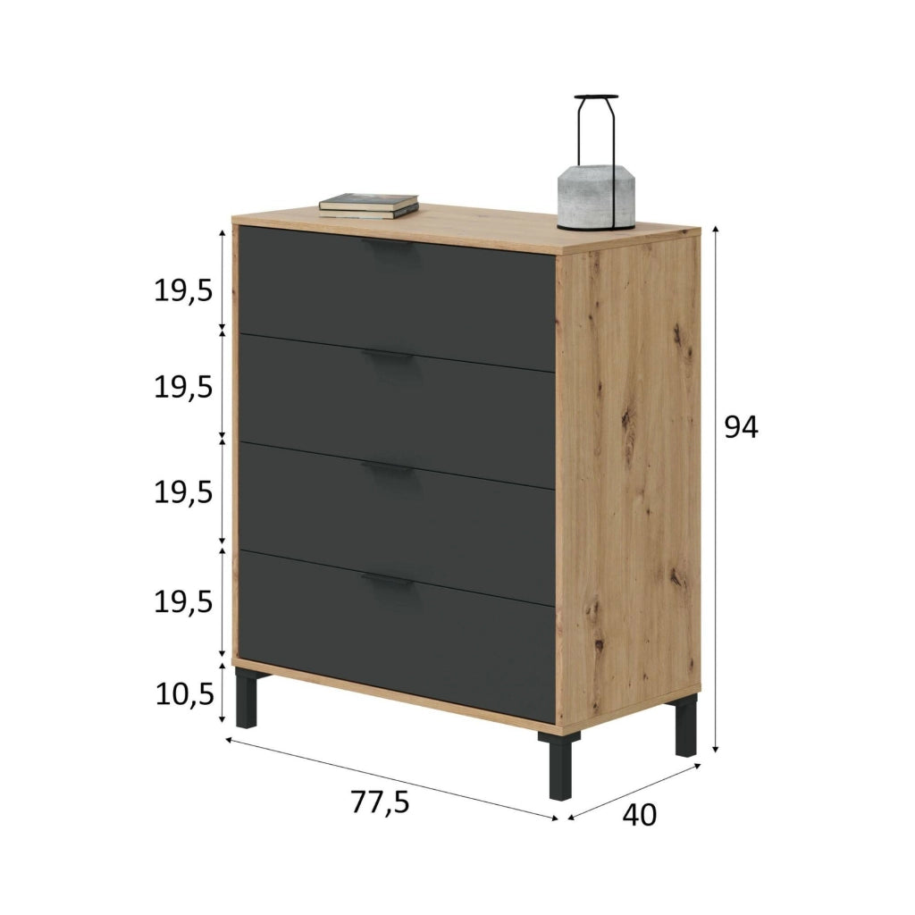 Cassettiera Alfana, Settimanale a 4 cassetti, Mobile ComÒ² per camera da letto, ComÒ² moderno, cm 76x40h94, Rovere nodi e Antracite