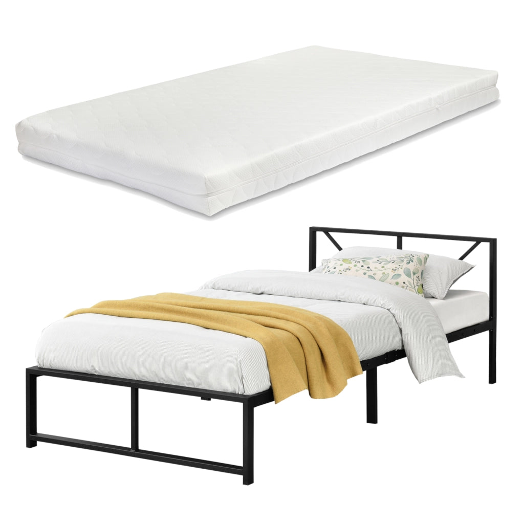 Letto in Metallo con Materasso a Schiuma Fredda 90 x 200 cm Letto Singolo con Testiera Decorativa Letto in Stile Classico/Moderno - Nero