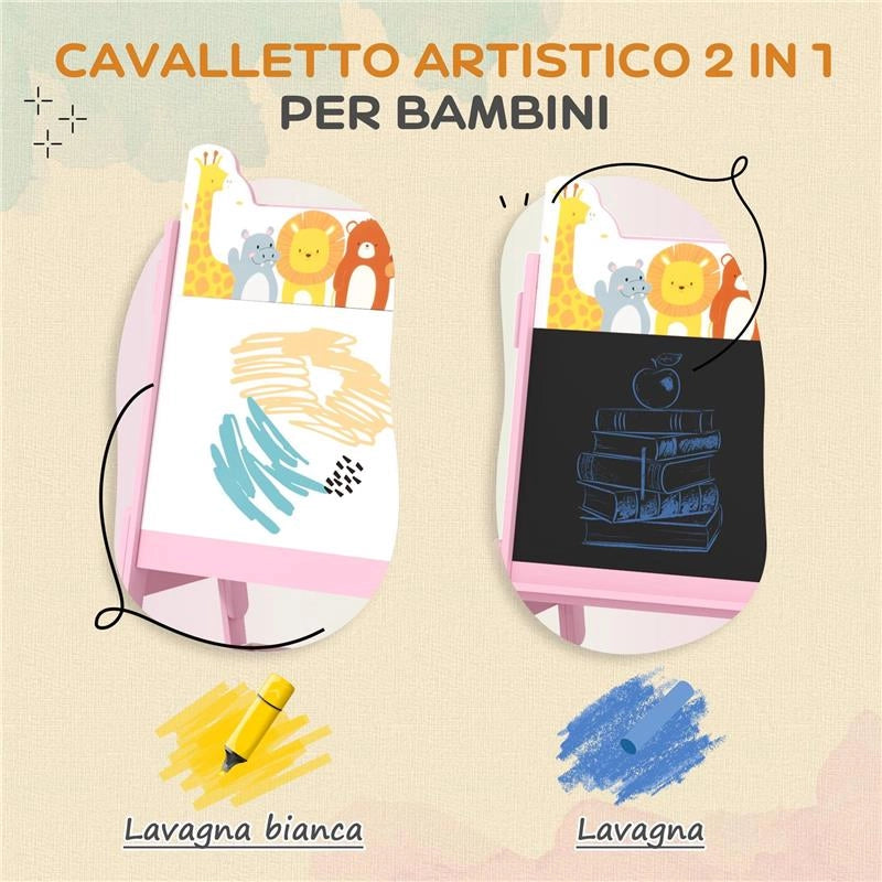 CAVALLETTO ARTISTICO PER BAMBINI 3-8 ANNI CON LAVAGNA A 2 LATI E 2 CESTINI CONTENITORI, IN LEGNO, 53.5X49X113 CM, ROSA