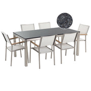 Set da pranzo da giardino bianco con piano in granito fiammato 6 posti 180 x 90 cm