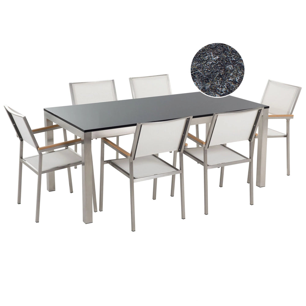 Set da pranzo da giardino bianco con piano in granito fiammato 6 posti 180 x 90 cm