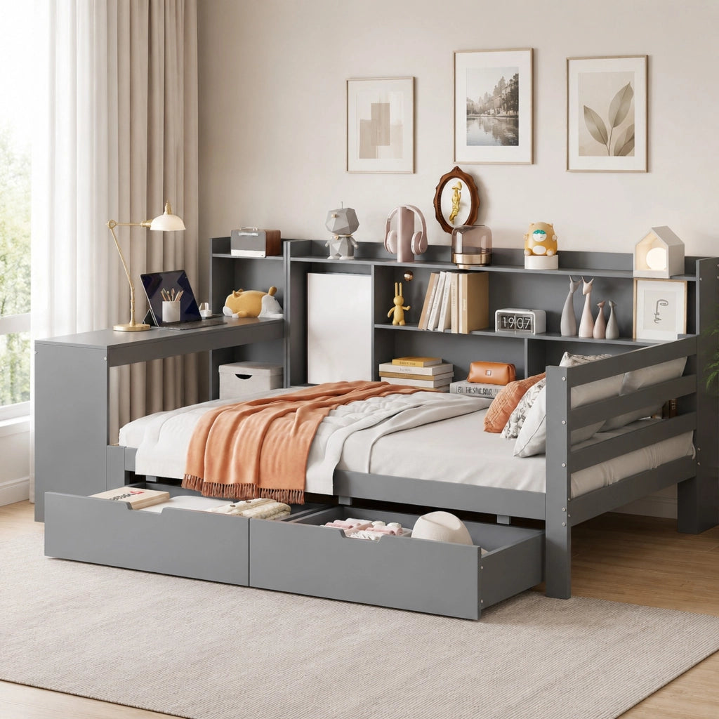 LETTO Multifunzionale 90x200 cm in legno grigio con scrivania, ripiani e cassetti