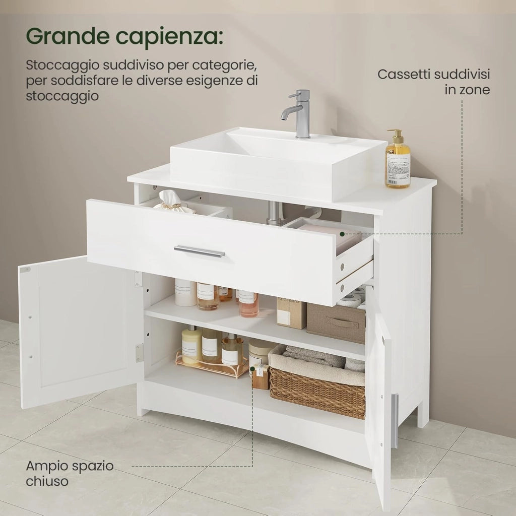 Mobiletto da bagno, mobiletto per vanità, mobiletto da bagno bianco con cassetti, ripiano regolabile, mobiletto per lavabo in piedi, MDF, 60x30x60 cm