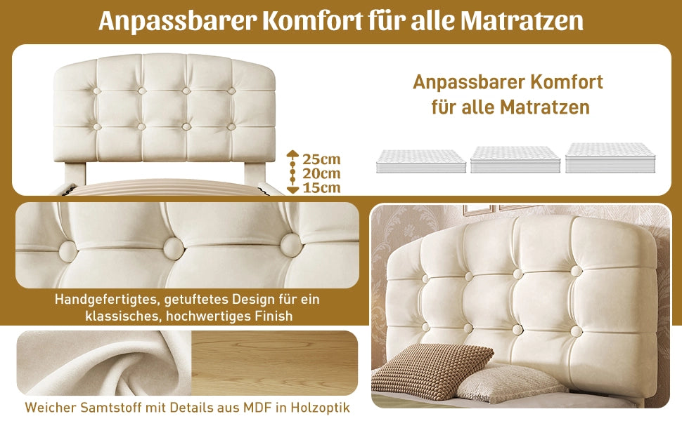 Letto singolo imbottito 90x200 cm in velluto beige con rete a doghe, testiera regolabile e cassetti contenitore