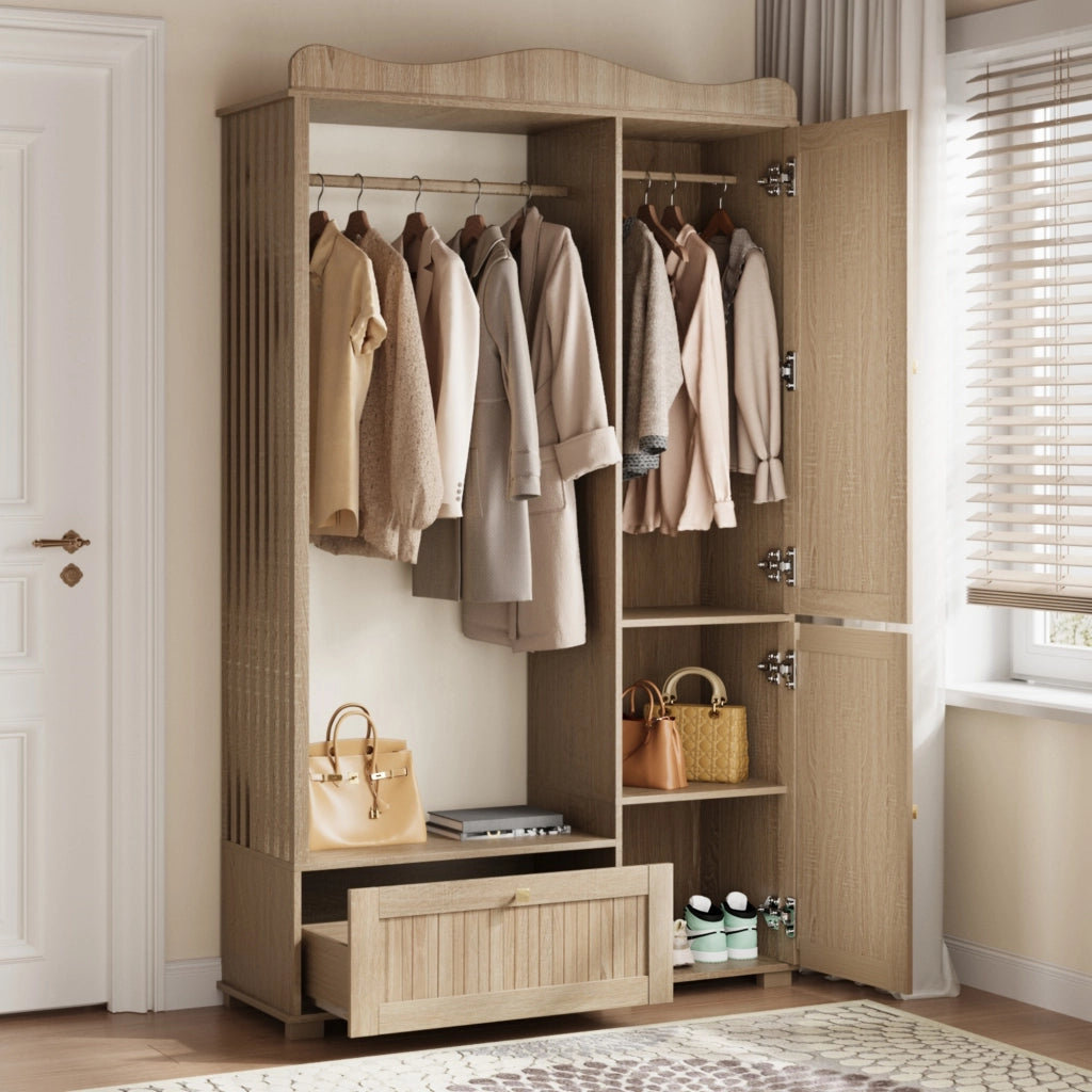 Armadio con 2 Ante e 1 Cassetto; Anta a Specchio e Barra Appendiabiti Aperta; Stile Moderno; in MDF; 115;5??38;5??194;5 cm; Rovere