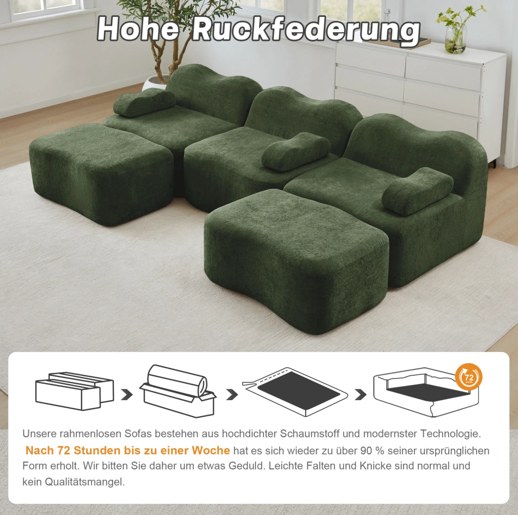 Divano modulare a U con 2 pouf 288x167x70 cm in velluto verde; seduta profonda