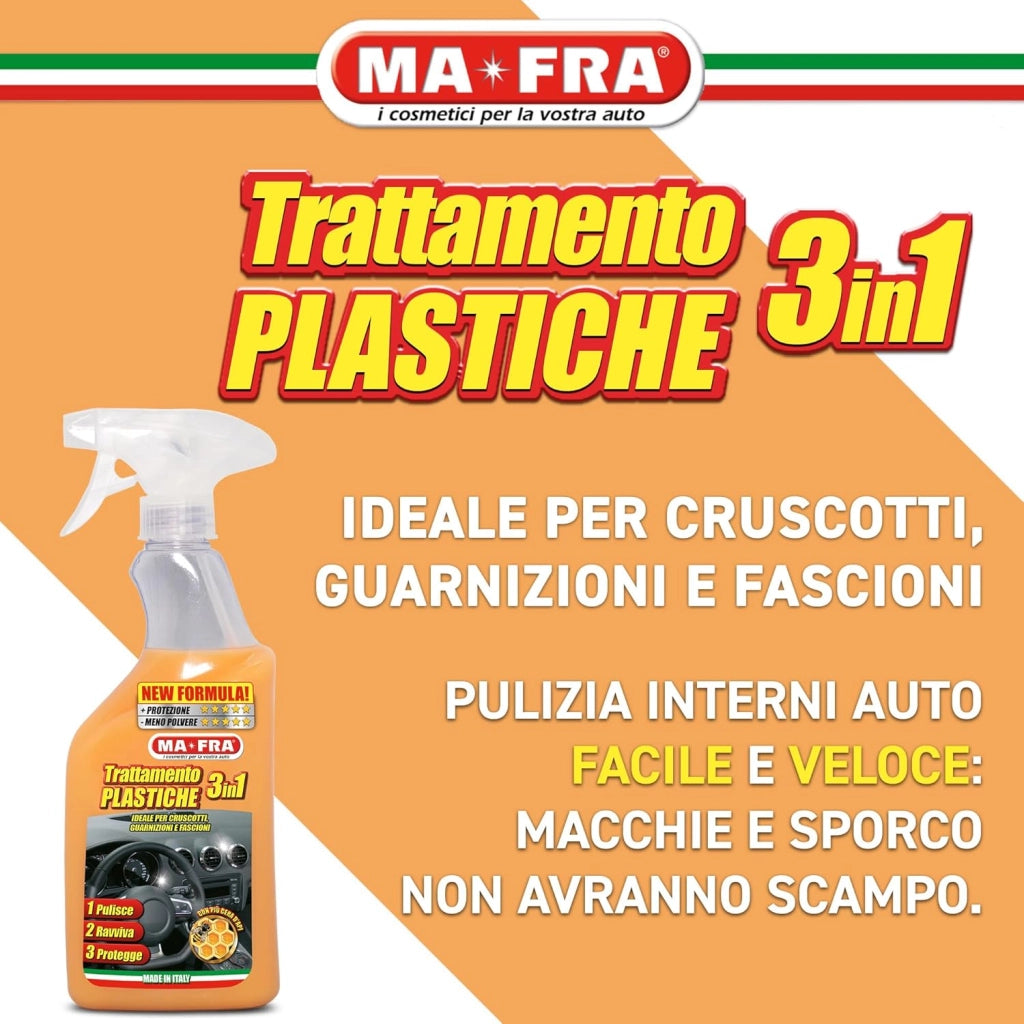 Ma-Fra, Trattamento 3in1 Plastiche, Pulisce, Ravviva e Protegge le Parti Interne dell'Auto, Creando una Barriera Anti Raggi UV, Formato 500ml