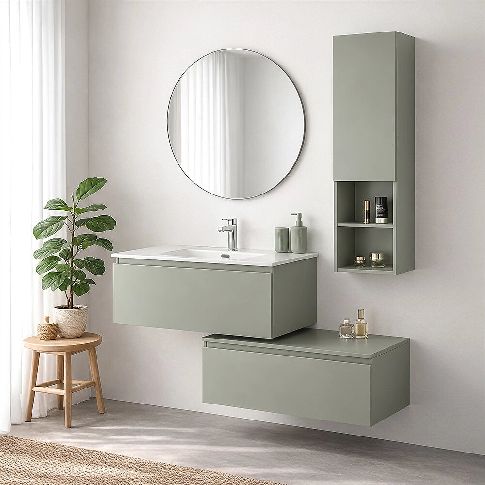 Mobile bagno sospeso 90 cm verde con lavabo integrato e cassetto Nuvola
