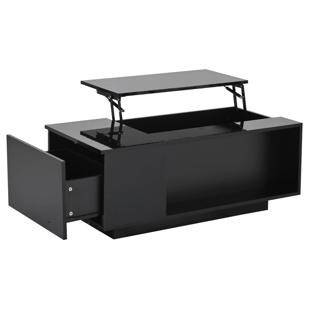 Tavolino da Salotto Reclinabile Idraulico con 1 Cassetto; Vano Nascosto e LED Bluetooth; Lucido; in Pannelli di Truciolare; 100×50×40 cm; Nero