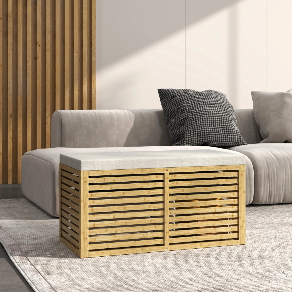 Panca contenitore con cuscino ¨C Xylo ¨C bamb¨´ e lino grigio 90x42x43 cm