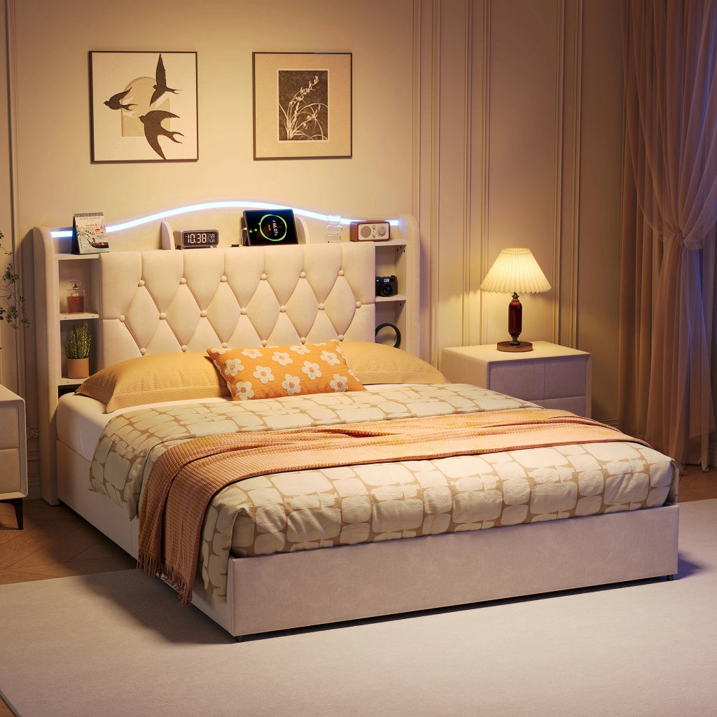 Letto matrimoniale 160x200 cm con contenitore LED RGB USB testiera rete a doghe velluto metallo legno - beige