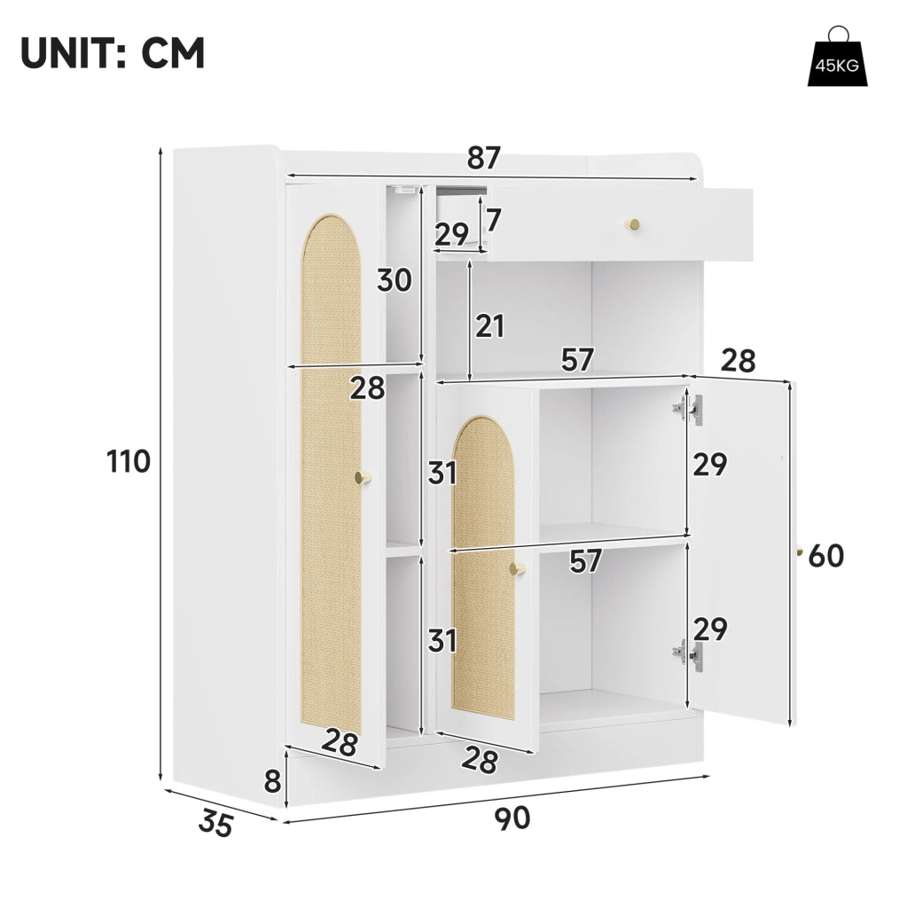 Mobile portascarpe in rattan con 3 ante e ripiani regolabili 90x35x110 cm; bianco e naturale
