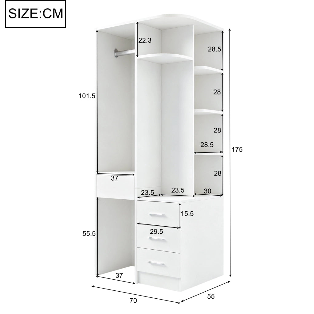Armadio freestanding 70x55x175 cm con ripiani; barra appendiabiti e cassetti; bianco