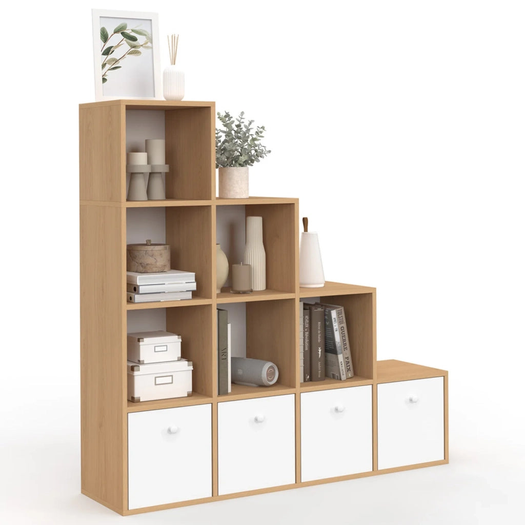 IDMarket - LORYS Mobile a 4 livelli in legno e bianco a gradini con 4 cassetti in tessuto