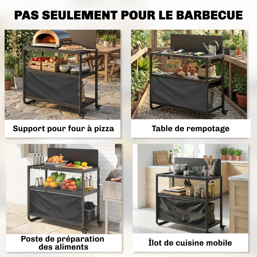 Carrello Barbecue Mobile 3 Livelli con Paravento ¨C zephmum ¨C 100x46x110cm Nero