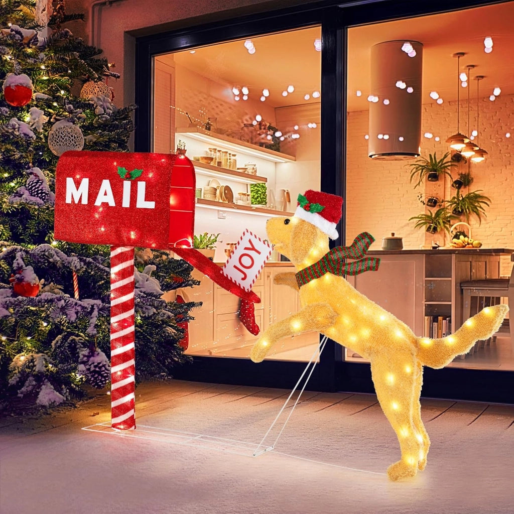 Decorazione natalizia, cassetta delle lettere con cane di Natale, 120 luci LED bianco caldo, telaio in metallo, picchetti, decorazione natalizia per interni ed esterni per giardino, soggiorno