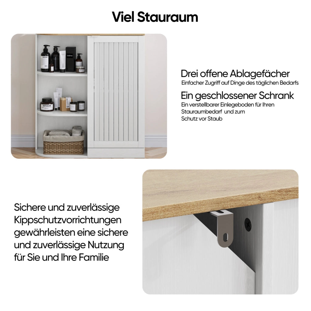 Mobile angolare da bagno con 3 ripiani aperti e ripiani regolabili; MDF bianco e rovere; 68x25x76 cm