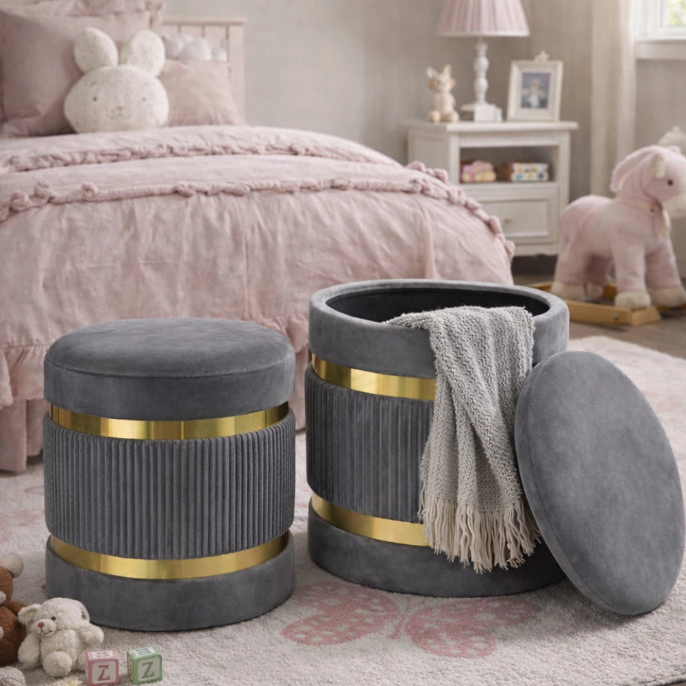 Set 2 Pouf Contenitore Grigio con Rivestimento Velluto Morbido Sgabelli Moderni