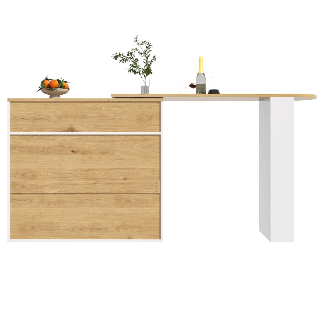Tavolo da Pranzo con Scaffale a 3 Livelli; Ante in Vetro e Rotazione 360; in MDF; 138-204x39x104 cm; Bianco