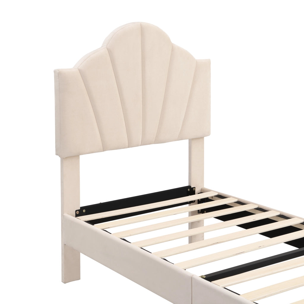 Letto Singolo 90x200 cm; con Testiera Regolabile e Base a Doghe - in Velluto Beige