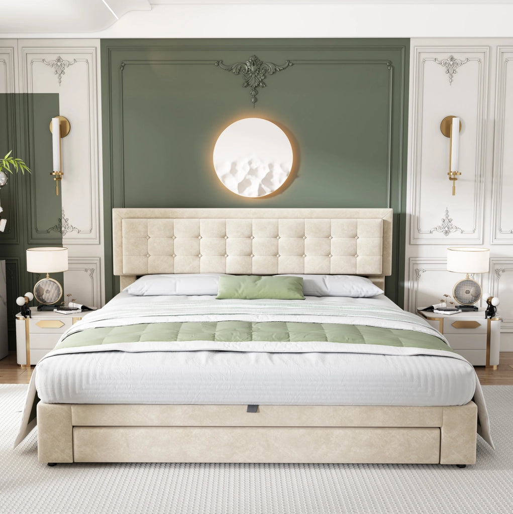 Letto matrimoniale contenitore con cassetti; testiera regolabile; velluto; 180x200 cm; beige