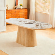 Tavolo Ovale Nordico 200x100 con Piano Effetto Marmo Bianco Arabesque e Base Rovere Naturale – Design Elegante