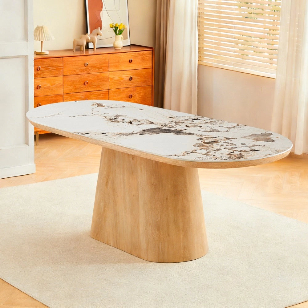 Tavolo Ovale Nordico 200x100 con Piano Effetto Marmo Bianco Arabesque e Base Rovere Naturale – Design Elegante